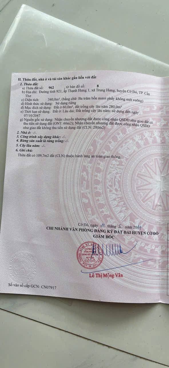 Đất mặt tiền đường 921, xã Trung Hưng, huyện Cờ Đỏ - Diện tích 348.5m² giá 1.5 tỷ - Cơ hội đầu tư tuyệt vời!