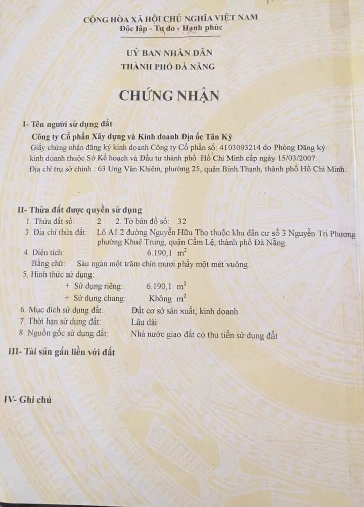 Đất thương mại dịch vụ mặt tiền đường Nguyễn Hữu Thọ, quận Cẩm Lệ, Đà Nẵng - Diện tích 6,190m², đầu tư sinh lời!