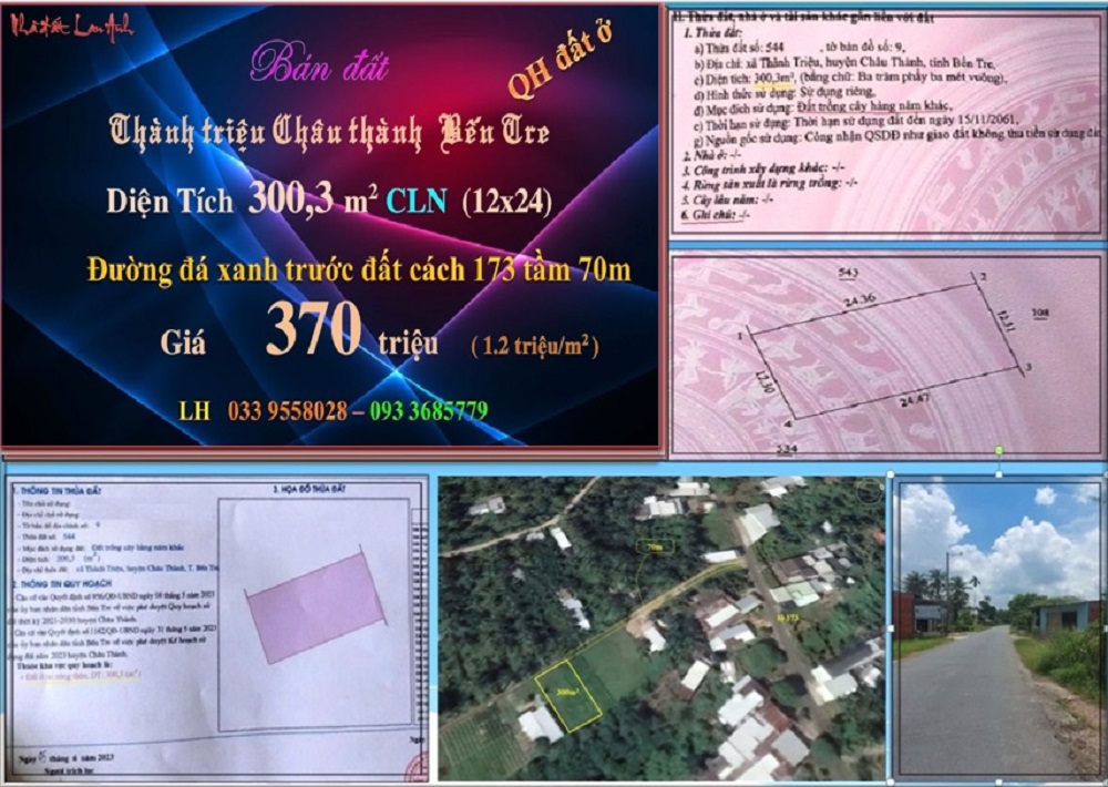 Bán đất nền biệt thự xã Thành Triệu, Châu Thành, Bến Tre 300,3m² - Giá chỉ 370 triệu