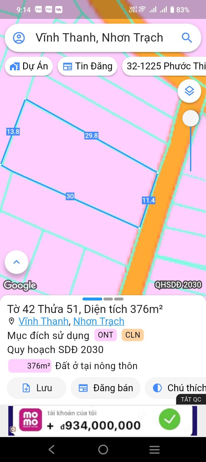 Đất nền Vĩnh Thanh, Nhơn Trạch 376m² giá 3.76 tỷ - Phù hợp phân lô đầu tư
