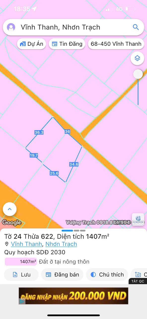 Đất nền Vĩnh Thanh, Nhơn Trạch 1407m² giá 2.53 tỷ - Đường ô tô tải thoải mái!