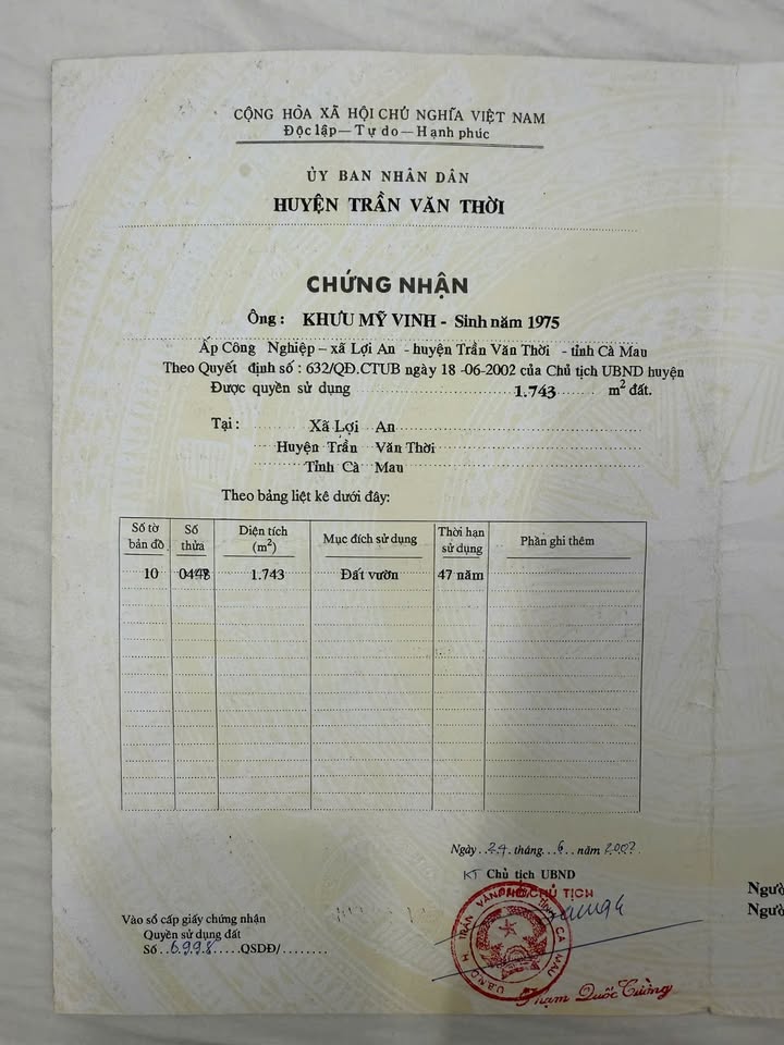 Đất thổ cư xã Lợi An, huyện Trần Văn Thời, Cà Mau 1.743m² - Cơ hội đầu tư tuyệt vời!