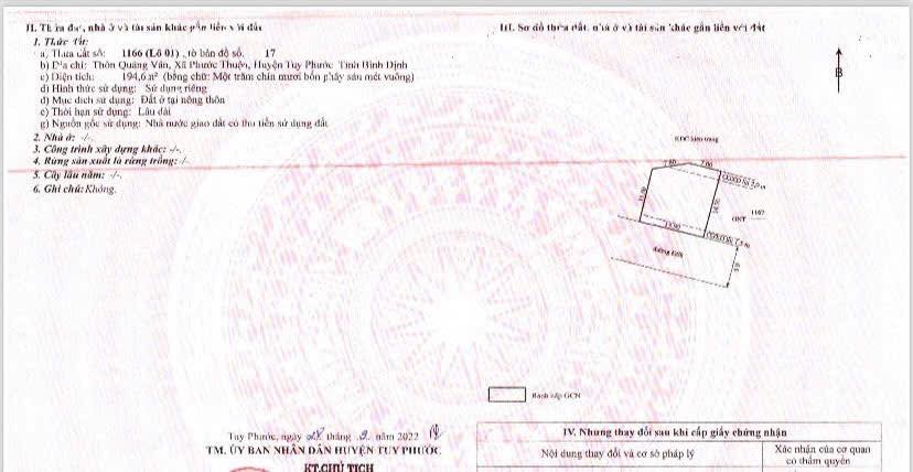 Đất nền xã Phước Thuận, huyện Tuy Phước 194.6m² giá 2.55 tỷ - Hướng Tây Nam, đường rộng 9m!