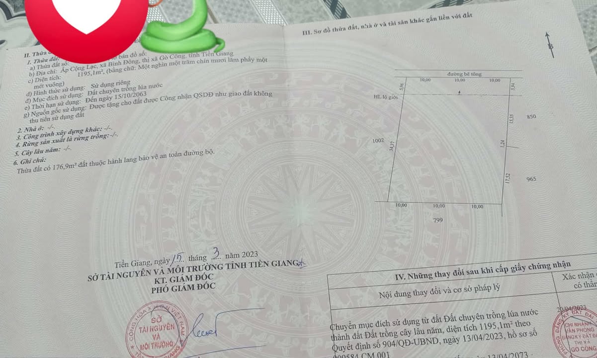 Đất lúa 1195m² tại ấp Cộng Lạc, Gò Công - Giá chỉ 1.6 tỷ VND!