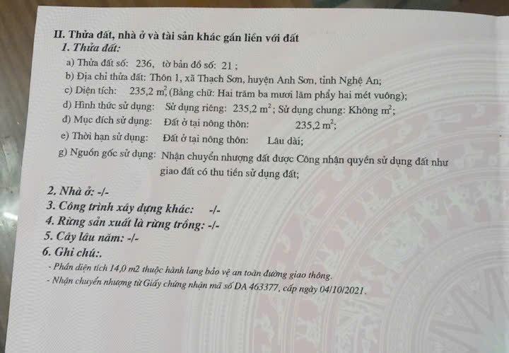 Đất thổ cư Thạch Sơn, Nghệ An 235m² - Đường nhựa 100m, gần trường mầm non!