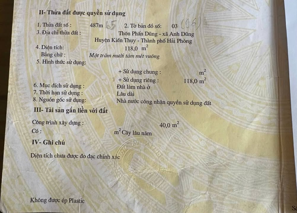 Đất Phấn Dũng, Anh Dũng, Dương Kinh 118m² giá 3.54 tỷ - Nhà cấp 4 đang ở, thương lượng tốt!