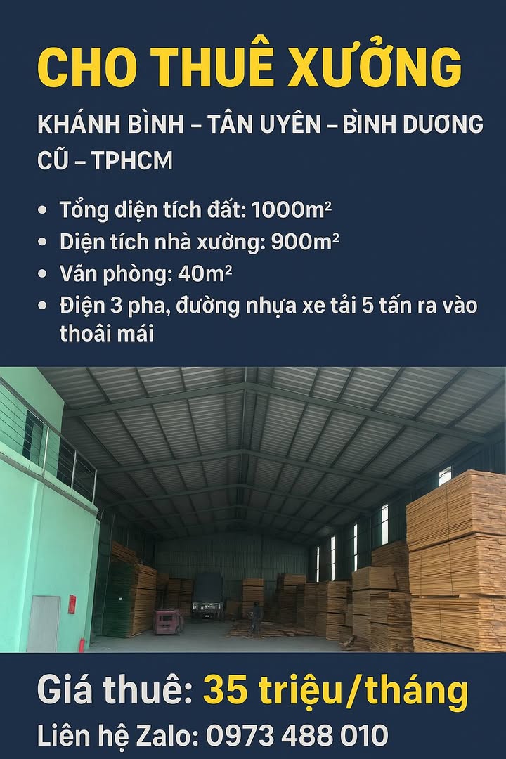 Cho thuê xưởng Khánh Bình 900m² giá 35 triệu - Dễ dàng vận chuyển!