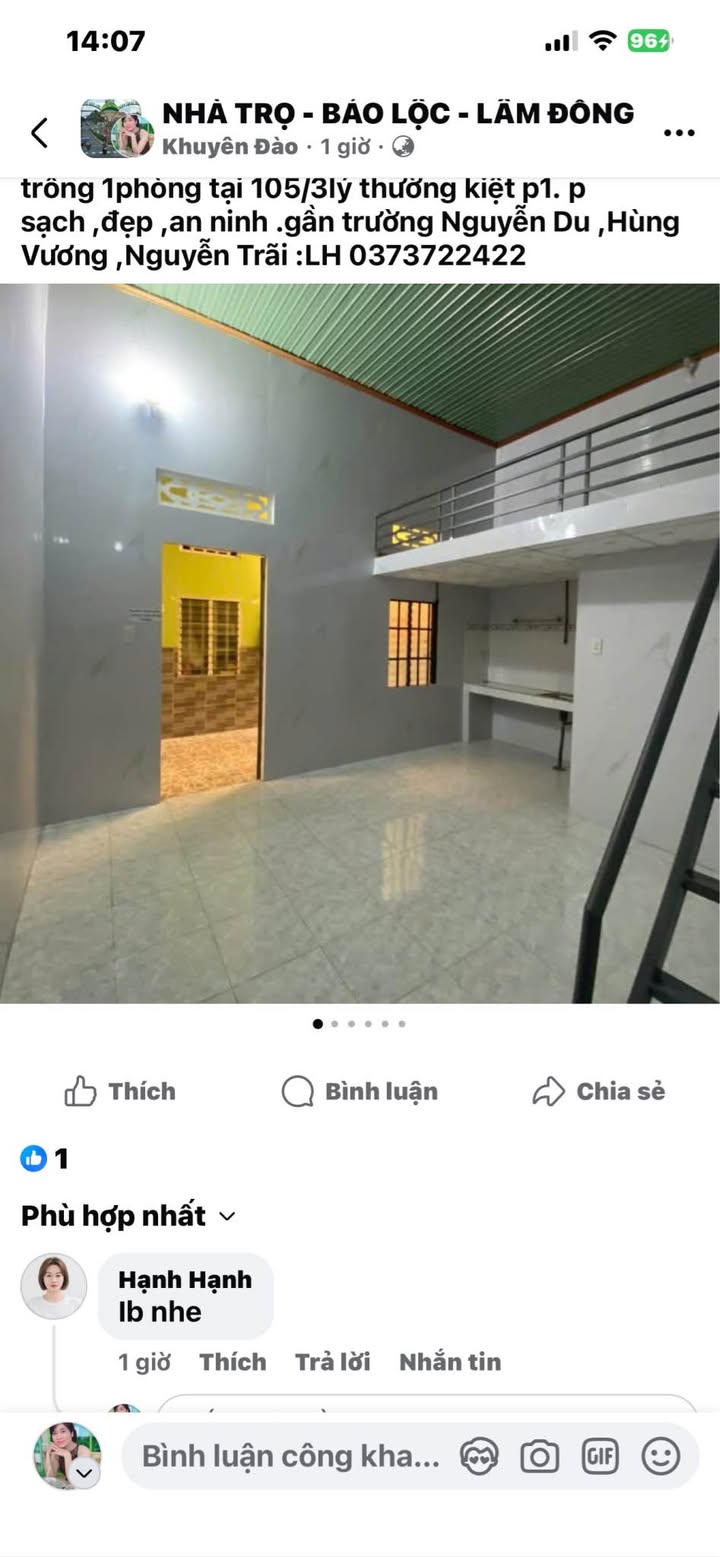 Phòng trọ cho thuê tại 105/3 Lý Thường Kiệt, Bảo Lộc - Không gian sạch đẹp, an ninh