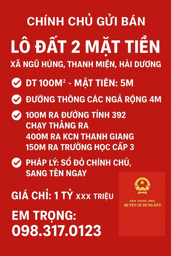 Đất 2 mặt tiền Ngũ Hùng, Thanh Miện 100m² giá 1.1 tỷ - Cơ hội đầu tư lý tưởng!