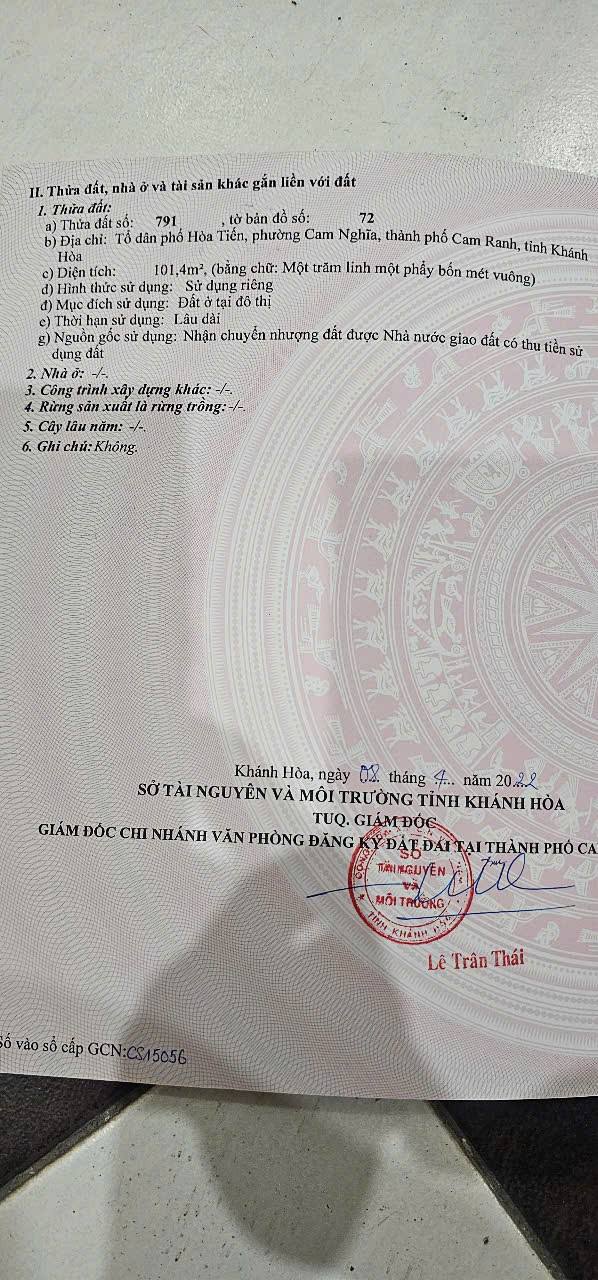 Đất thổ cư Cam Nghĩa, Cam Ranh 100m² giá 1.52 tỷ - Hướng Đông mát mẻ