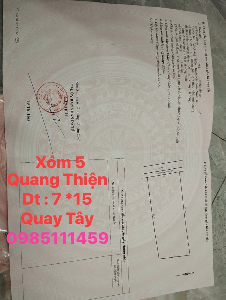 Đất thổ cư Quang Thiện Kim Sơn 105m² giá 1.1 tỷ - Mặt tiền 7m, đường ô tô tránh nhau!
