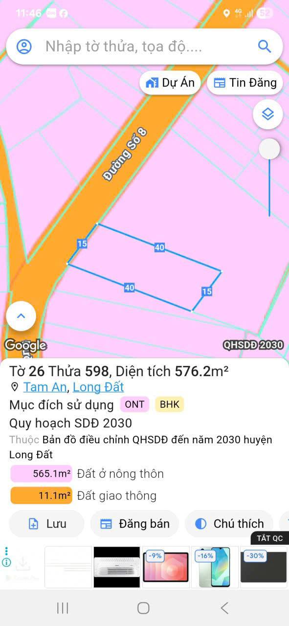 Đất mặt tiền đường Số 8, xã Tam An, huyện Long Điền, 576m² - Giá chỉ 3.7 tỷ, cơ hội đầu tư tuyệt vời!