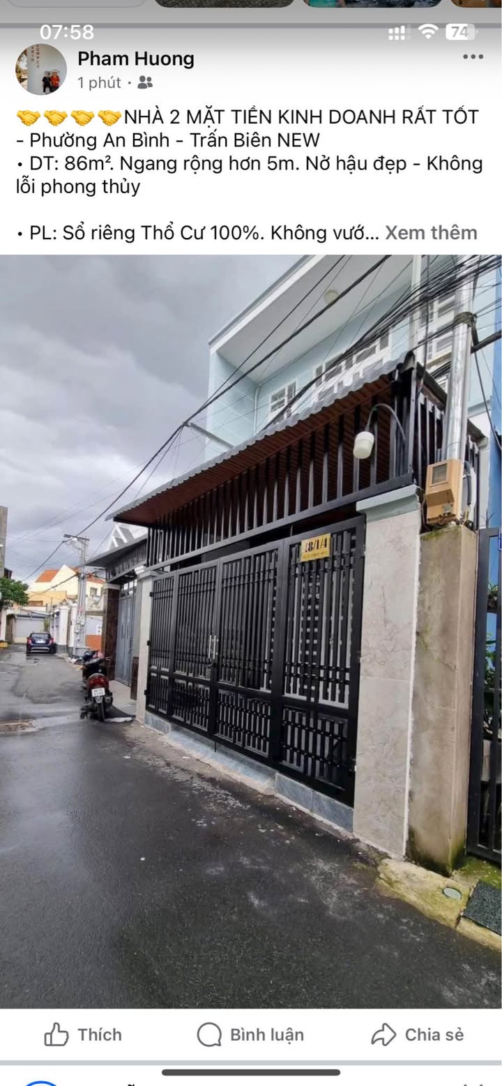 Nhà mặt tiền kinh doanh 86m² phường An Bình, Biên Hòa - Giá 3.499 tỷ, vị trí đẹp!