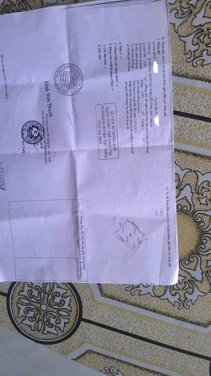 Đất lúa 3575m² tại ấp Mỹ Hòa, Thủ Thừa - Giá chỉ 680 triệu