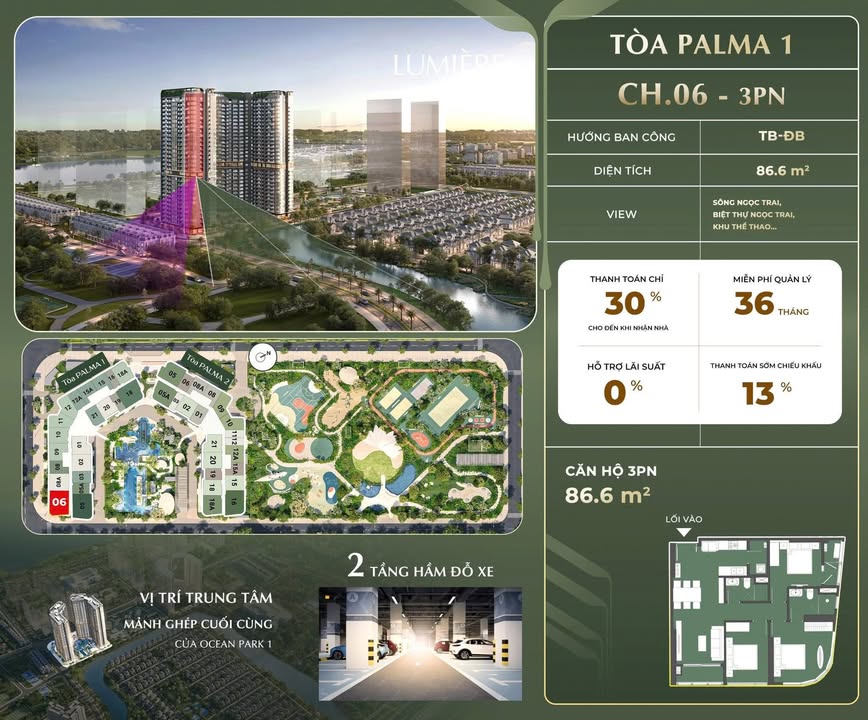 Căn hộ 3 phòng ngủ tại Lumiere Orient Pearl 86m² giá 8.3 tỷ - Thiết kế kính cong độc đáo!