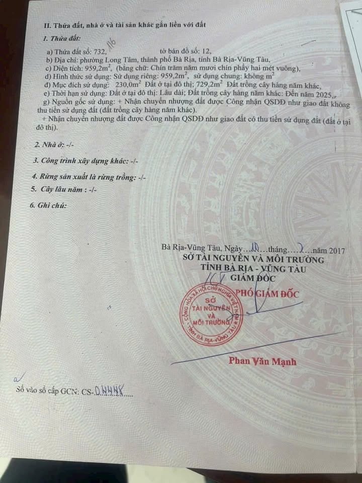 Đất nền thương mại dịch vụ phường Tam Long, Bà Rịa 959m² giá 8.5 tỷ - Đầu tư sinh lời!