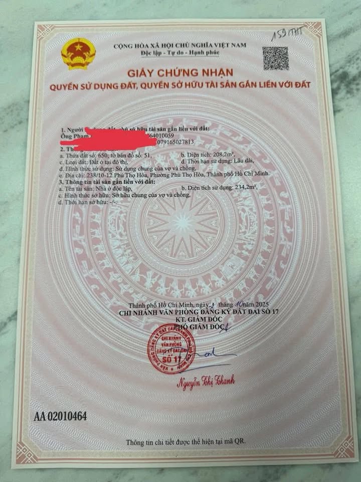 Đất nền 238/10 - 12 Phú Thọ Hòa, quận Tân Phú, 208m² - Giá thương lượng hấp dẫn!