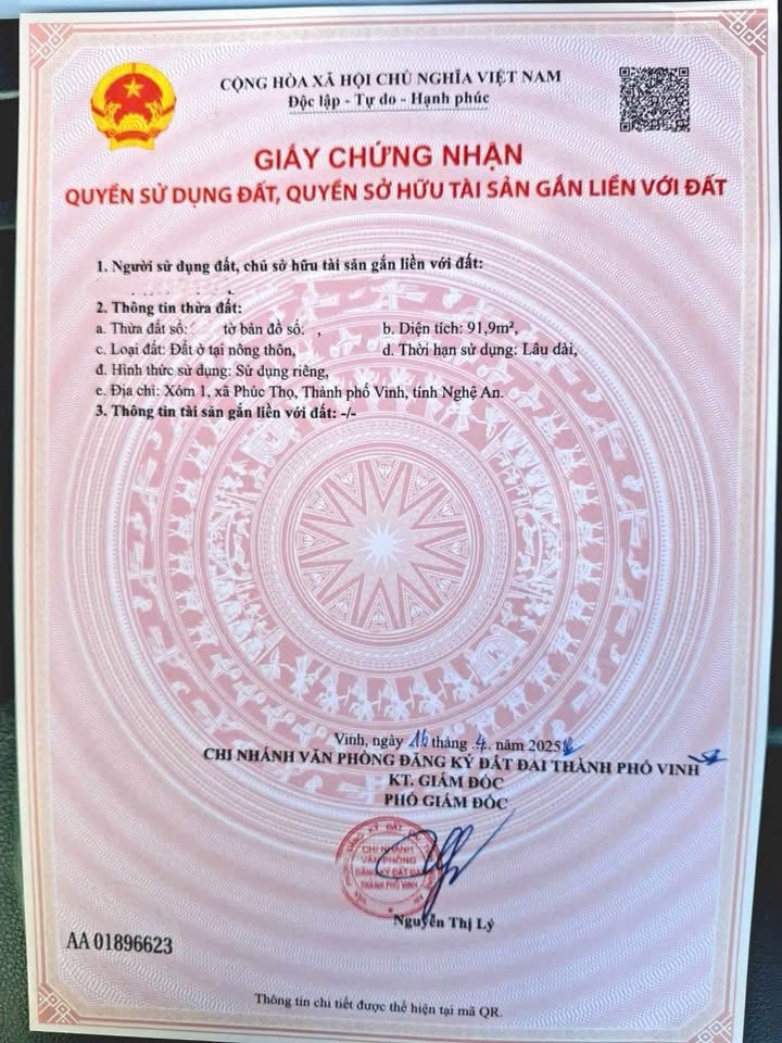 Bán lô đất chính chủ Xóm 1, Phúc Thọ, TP Vinh 91,9m² giá chỉ 830 triệu