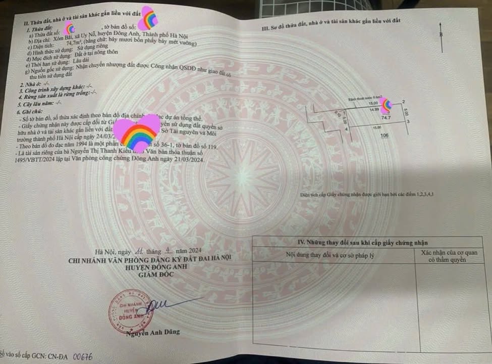 Đất thổ cư 74.7m² xã Uy Nỗ, Đông Anh - Giá chỉ 3.735 tỷ, pháp lý rõ ràng!