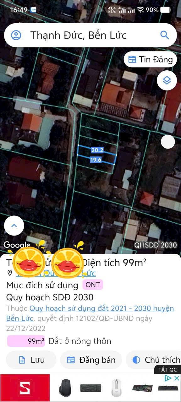 Đất thổ cư ấp 3 Thạnh Đức Bến Lức 100m² giá chỉ 560 triệu - Sổ hồng chính chủ