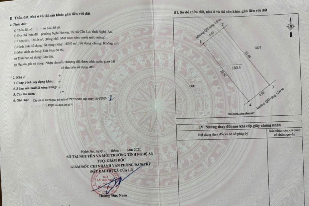 Đất tái định cư Nghi Hương Cửa Lò 180m² giá 3 tỷ - Hướng Nam thuận lợi