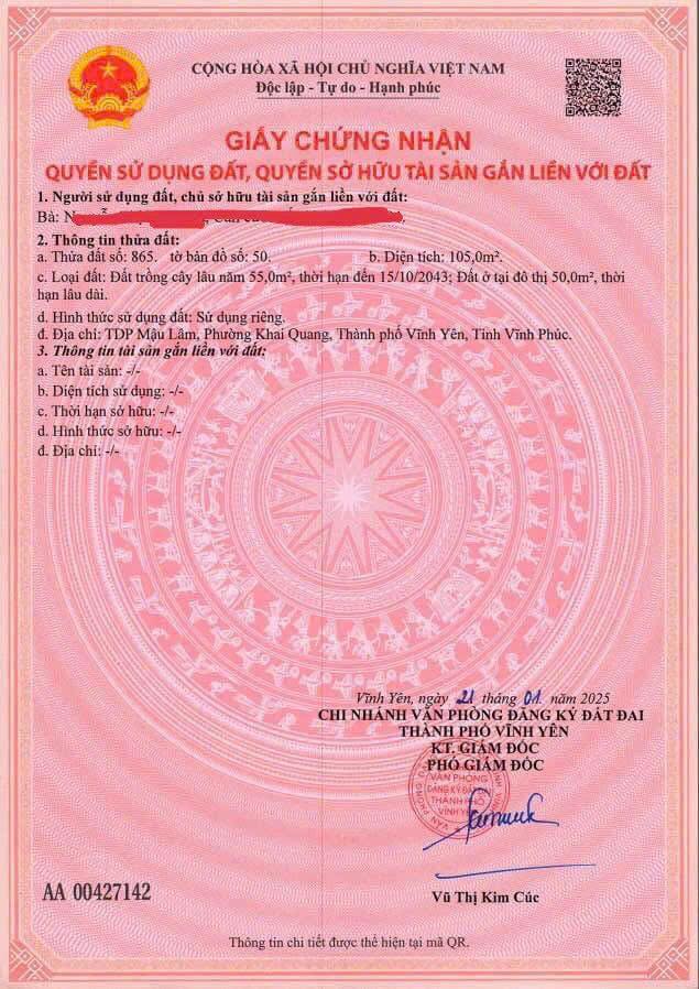 Đất nền 105m² Mậu Lâm, Khai Quang, Vĩnh Yên giá 1.6 tỷ - Đường ô tô vào tận nơi!