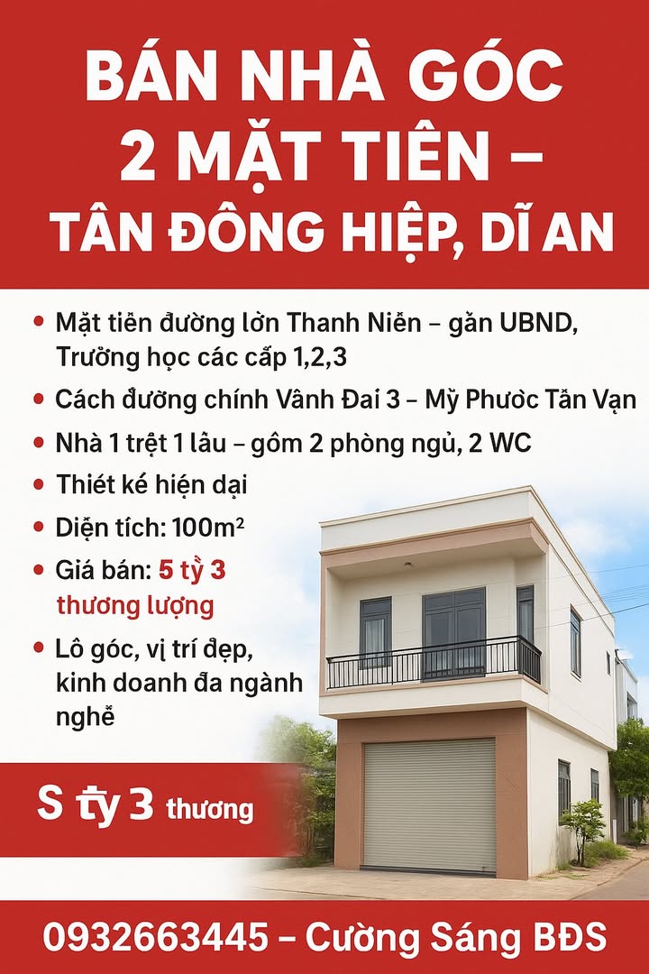 Nhà góc 2 mặt tiền Tân Đông Hiệp 100m² giá 5.3 tỷ - Kinh doanh đa ngành nghề!