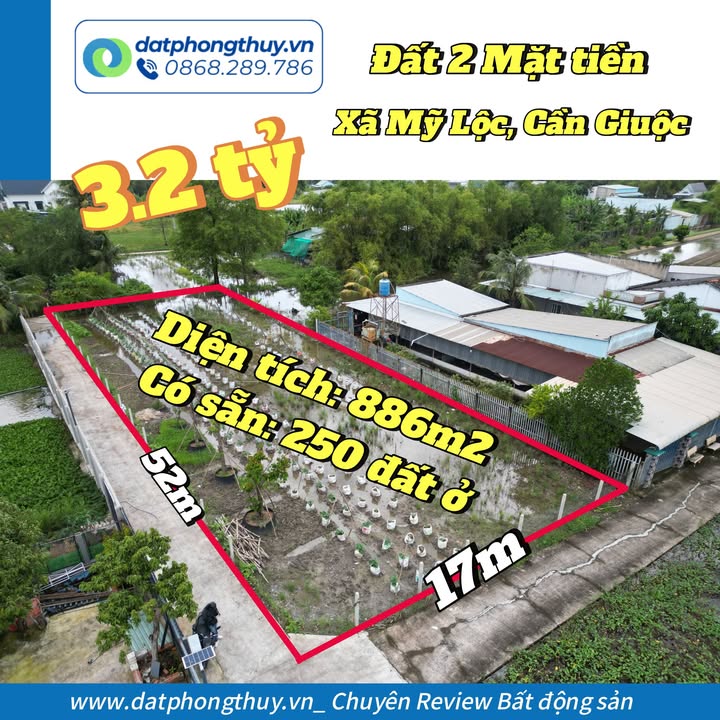 Đất 2 mặt tiền tại Mỹ Lộc, Cần Giuộc, Long An 886m² giá 3,2 tỷ - Đầu tư sinh lời ngay!