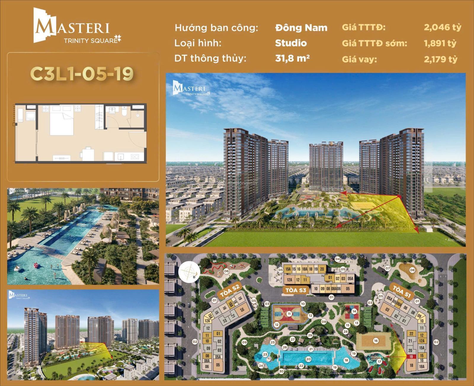 Chính chủ bán cặp Studio Masteri Trinity Square 32m² giá 2.25 tỷ - View bể bơi tuyệt đẹp!