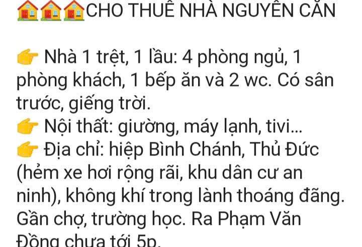 Nhà cho thuê 2 tầng Hiệp Bình, Thủ Đức 3PN giá 8.5 triệu - Tiện nghi đầy đủ