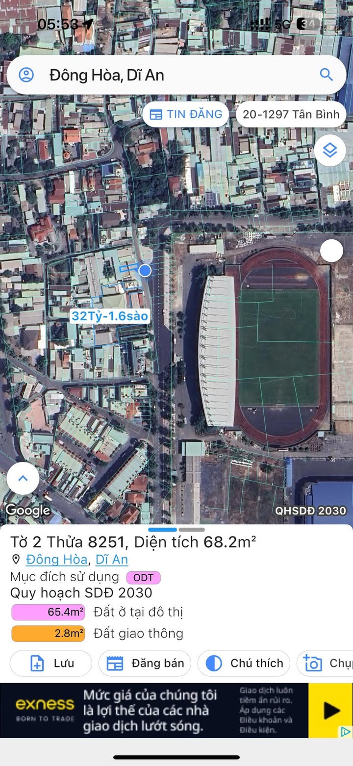 Đất thổ cư Đông Hòa Dĩ An 66-68m² giá 4.55 tỷ - Vị trí đắc địa đối diện sân vận động!