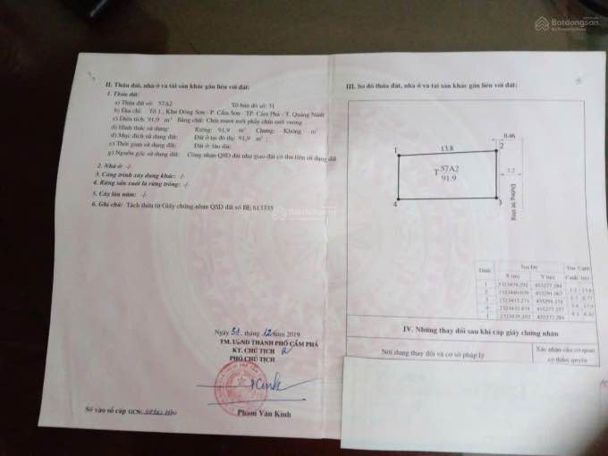 Bán lô đất 91,9m² tại phường Đông Sơn, Cẩm Phả - Sổ đỏ chính chủ, giá 1 tỷ!