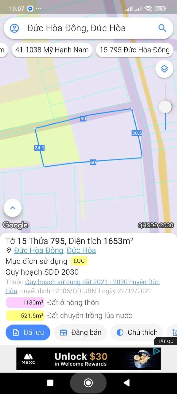 Đất thổ cư 2 mặt tiền Đức Hòa Đông 1653m² giá 9 tỷ - Sổ hồng riêng chính chủ!