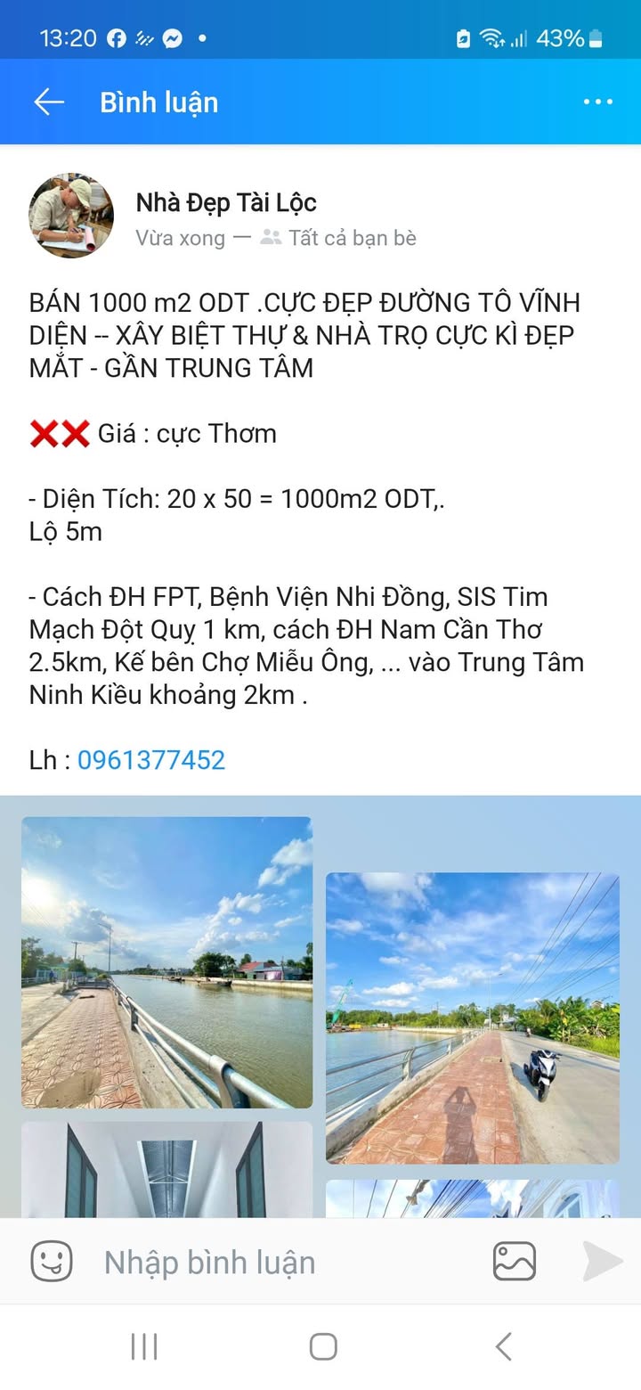 Đất nền 1000m² đường Tô Vĩnh Diện - Cơ hội vàng đầu tư ngay trung tâm Cần Thơ!