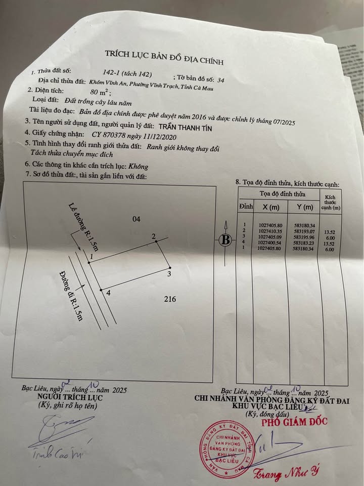 Đất thổ cư Ấp Vĩnh An, Vĩnh Trạch 84m² giá 360 triệu - Sổ đỏ chính chủ!