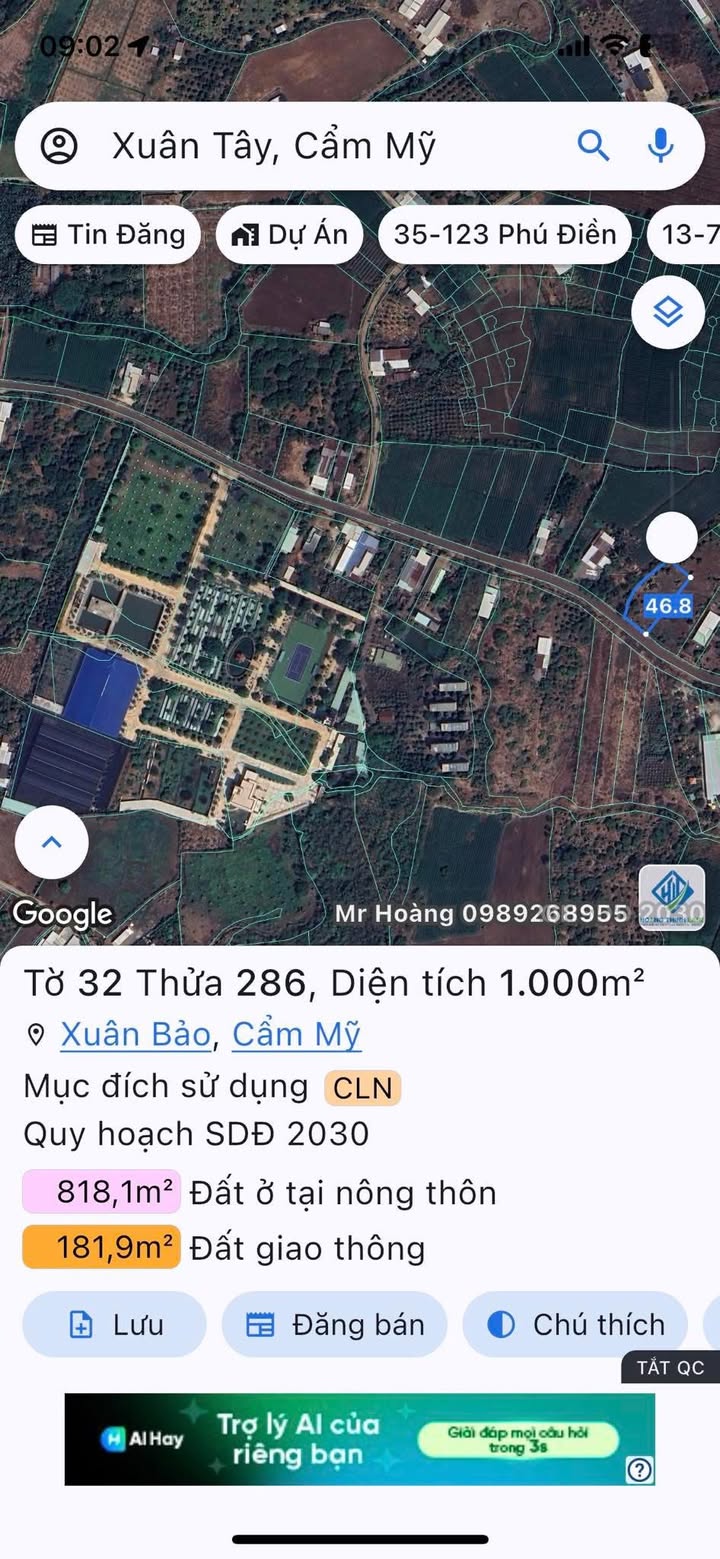 Đất nền mặt tiền đường Xuân Bảo, xã Xuân Tây, Cẩm Mỹ 1600m² - Cơ hội đầu tư hấp dẫn!