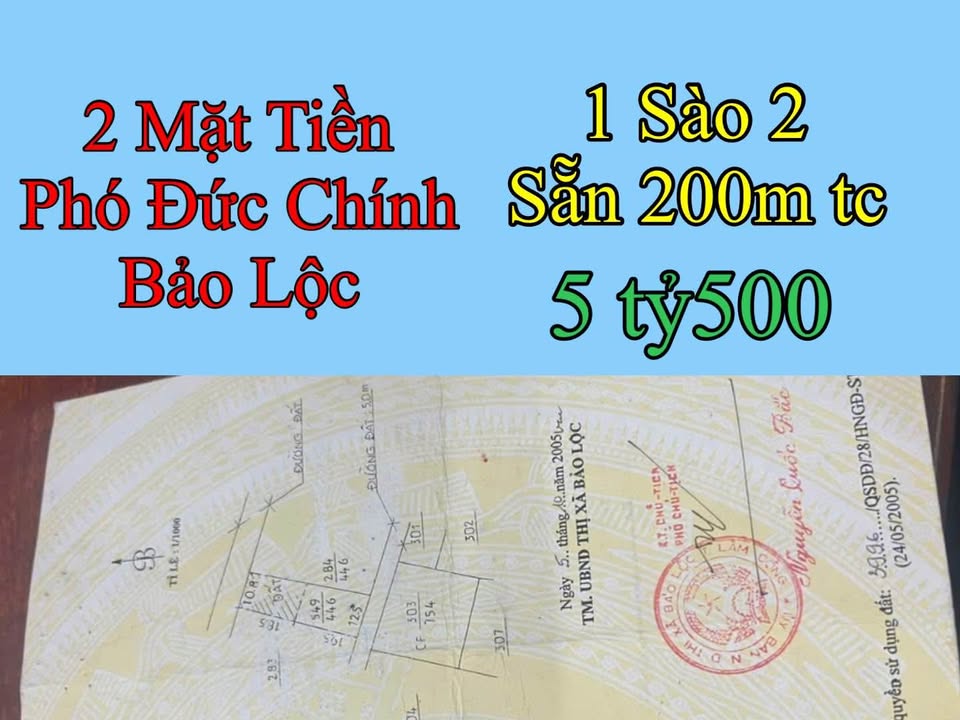 Đất 2 mặt tiền Phó Đức Chính, Bảo Lộc 1200m² giá 5.5 tỷ - Cơ hội đầu tư hấp dẫn!
