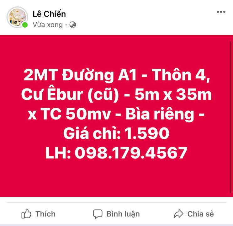 Đất nền 2MT Đường A1, Cư Êbur 175m² giá chỉ 1.59 tỷ - Sổ đỏ chính chủ!