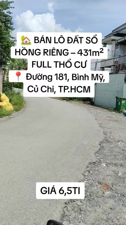 Đất thổ cư 431m² đường 181, Bình Mỹ, Củ Chi - Giá tốt thương lượng!