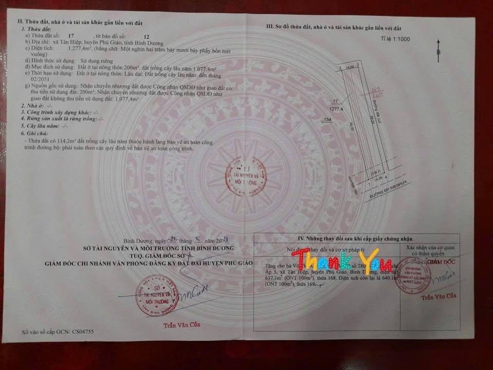 Đất nền xã Tân Hiệp - Phú Giáo 1277m² giá 4.5 tỷ - Mặt tiền đường DH 508