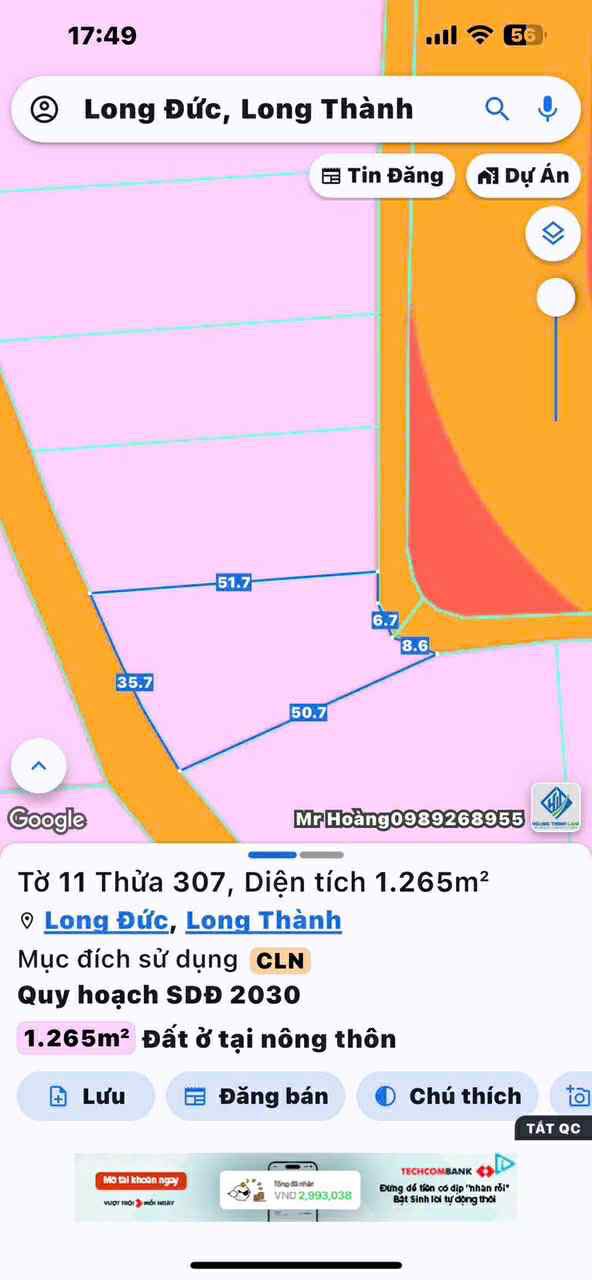 Đất 2 mặt tiền đường nhựa Long Đức, Long Thành 1265m² giá 3.2 triệu/m² - Đầu tư sinh lời ngay!