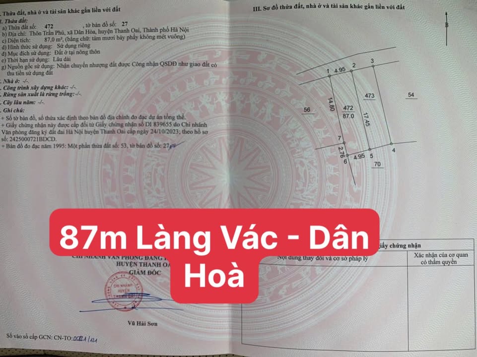 Đất nền Dân Hòa Thanh Oai 87m² - Khu vực sầm uất, giá chỉ 3x triệu/m²!