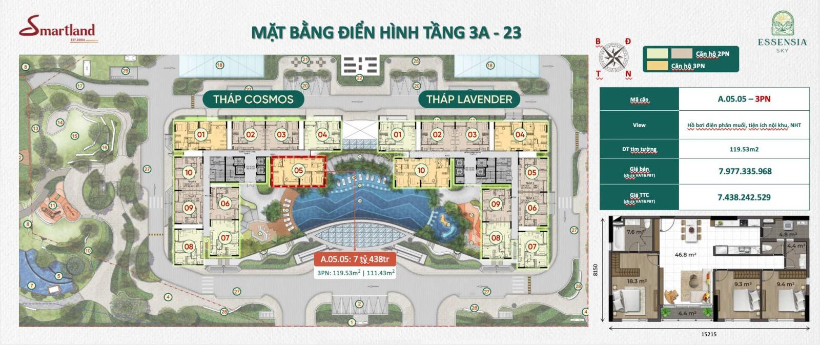 Căn hộ 3PN Essensia Sky Nhà Bè 119,53m² giá 7,43 tỷ - Tặng nội thất 150 triệu!