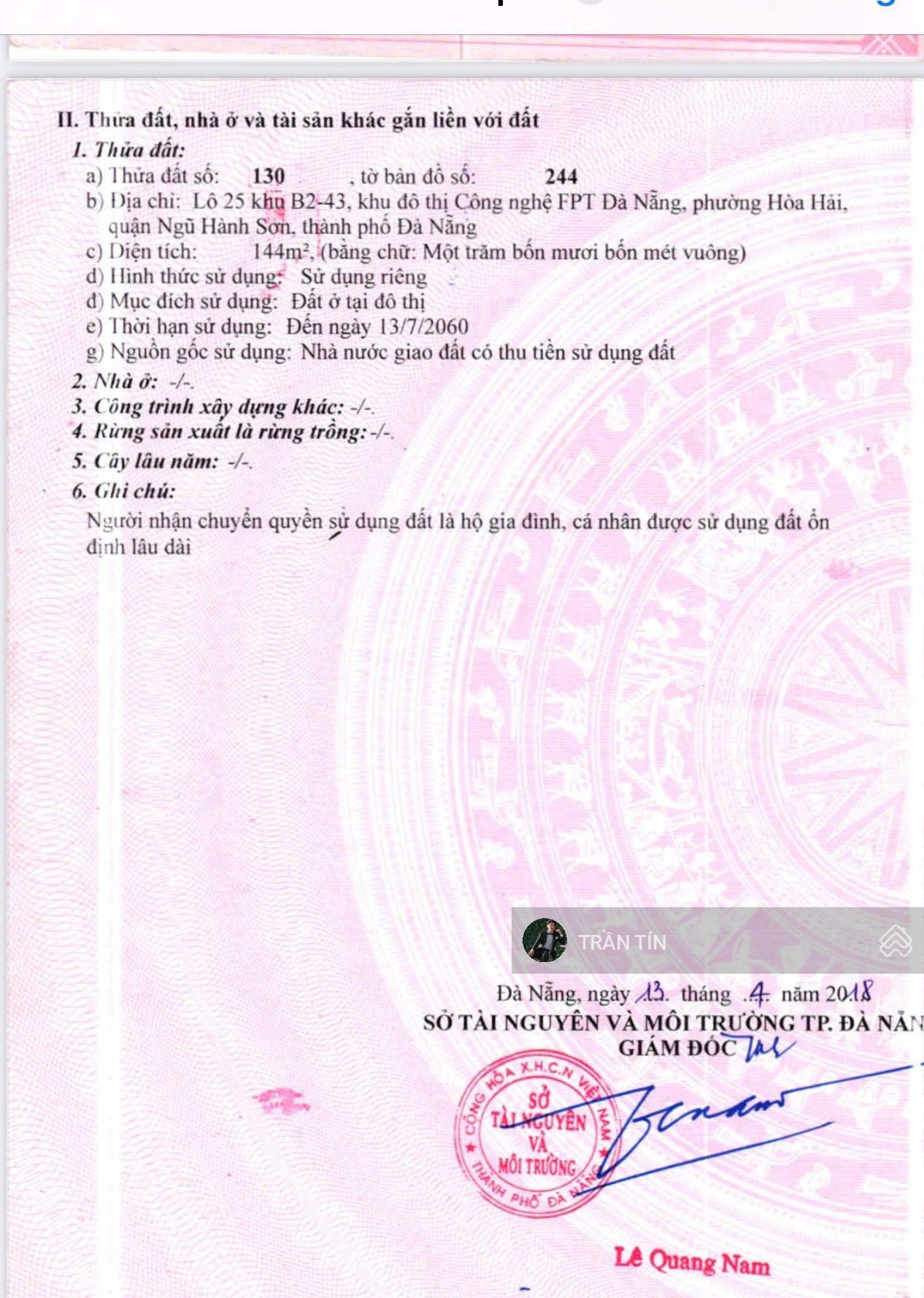 Lô đất nền FPT Đà Nẵng 144m² giá 6.2 tỷ - Hướng Nam, mặt đường rộng 7.5m!