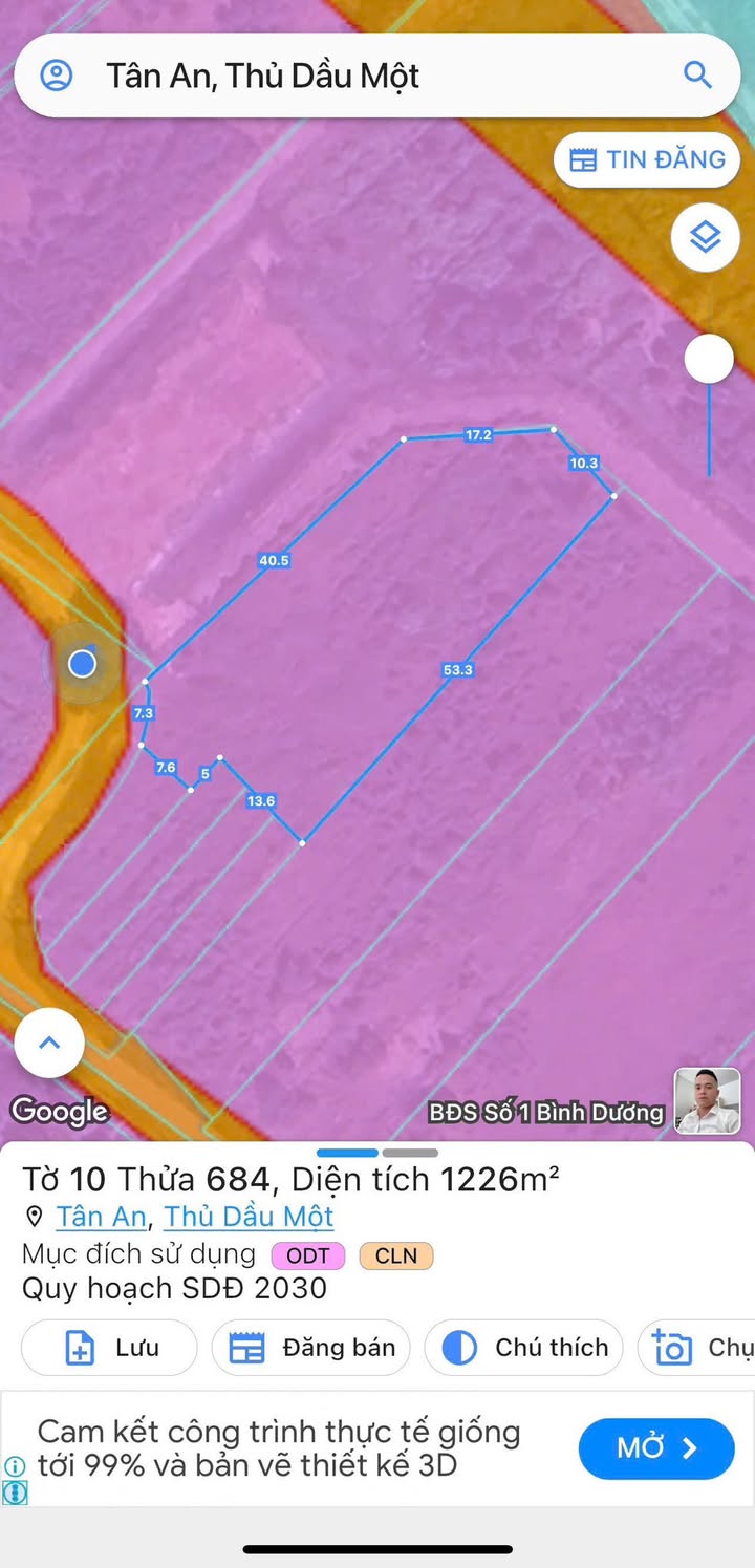 Đất Tân An Thủ Dầu Một 1225m² giá 3 tỷ - Đường rộng 9,5m, chính chủ!