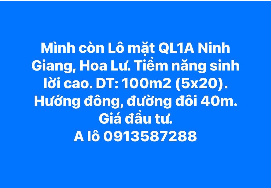 Đất mặt đường QL1A Ninh Giang 100m² - Tiềm năng kinh doanh cao!