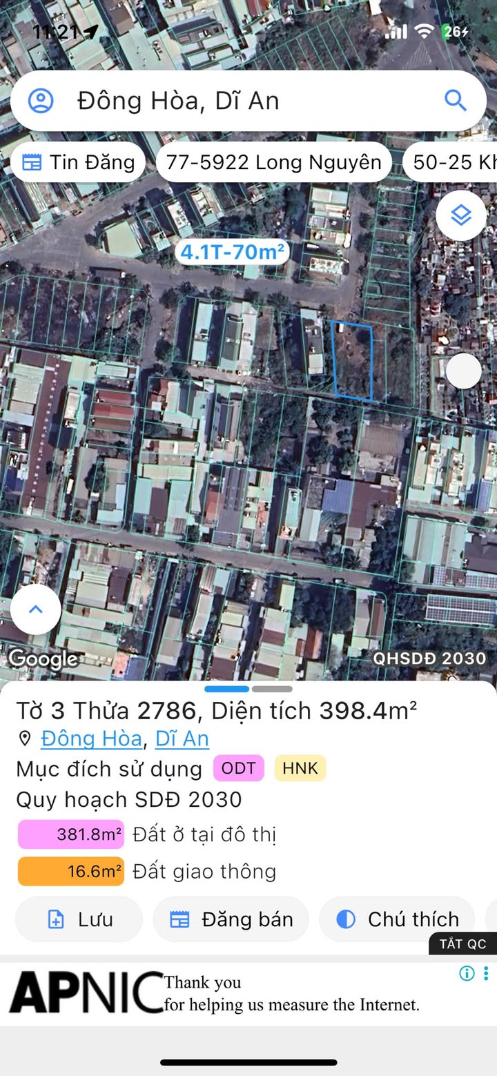 Lô đất 2 mặt tiền đường phường Đông Hòa, TP Dĩ An, 438.8m² giá 14.5 tỷ - Đầu tư sinh lời cao!