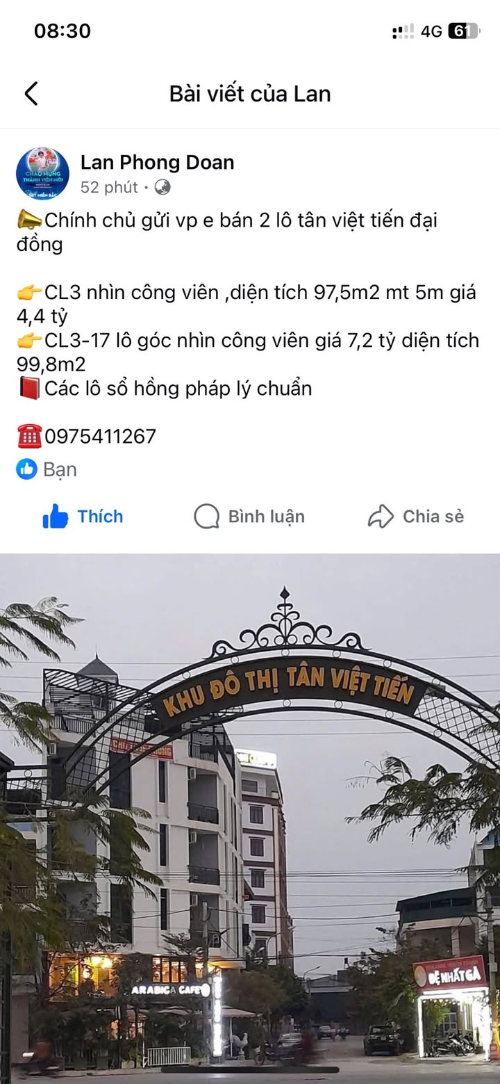 Đất nền khu đô thị Tân Việt Tiến, Đại Đồng, Tiên Du - Diện tích 97,5m² giá 4,4 tỷ - Sổ hồng chính chủ!