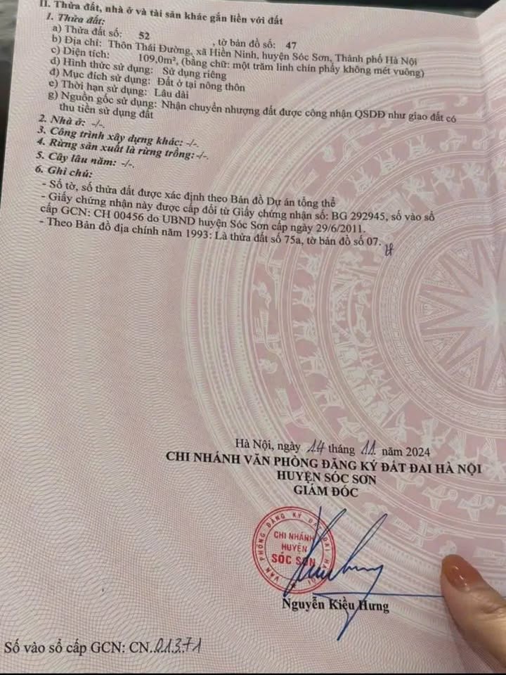 Đất thổ cư Hiền Ninh, Sóc Sơn 109m² - Mặt tiền rộng, vị trí đắc địa!