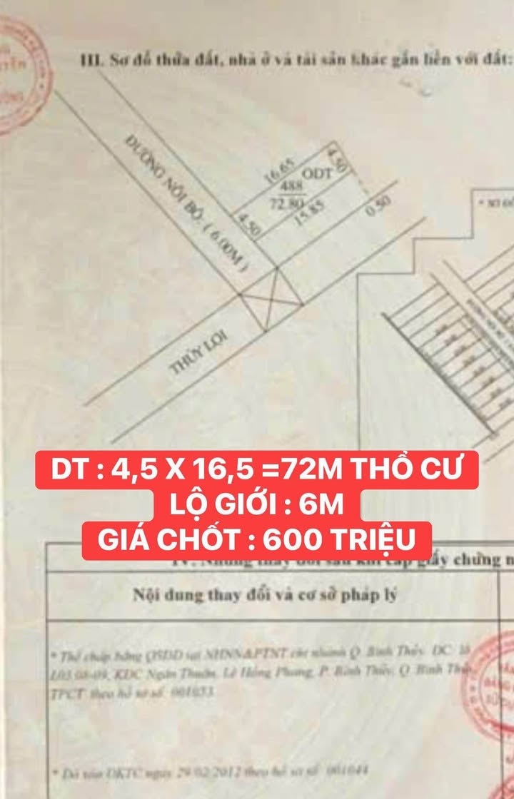 Đất thổ cư 72m² giá 600 triệu - Cơ hội đầu tư tuyệt vời!